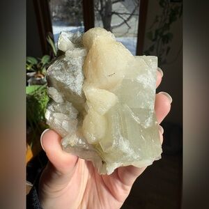 Green apophyllite on stilbite crystal specimen